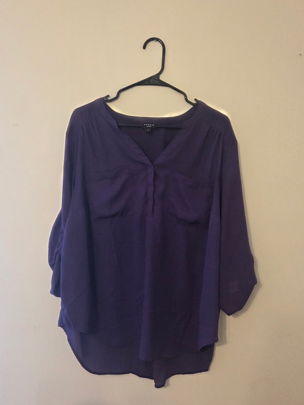 torrid Harper 3/4 Sleeve Deep Purple V-Neck Roll-Sleeve Blouse